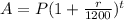 A=P(1+\frac{r}{1200})^t