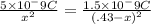 \frac{5\times 10^-9C}{x^2}=\frac{1.5\times 10^-9C}{(.43-x)^2}