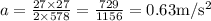 a=\frac{27 \times 27}{2 \times 578}=\frac{729}{1156}=0.63 \mathrm{m} / \mathrm{s}^{2}