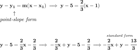 \bf y-{{ y_1}}={{ m}}(x-{{ x_1}})\implies y-5=\cfrac{2}{3}(x-1)\\&#10;\left. \qquad   \right. \uparrow\\&#10;\textit{point-slope form}&#10;\\\\\\&#10;y-5=\cfrac{2}{3}x-\cfrac{2}{3}\implies -\cfrac{2}{3}x+y=5-\cfrac{2}{3}\implies \stackrel{\textit{standard form}}{-\cfrac{2}{3}x+y=\cfrac{13}{3}}