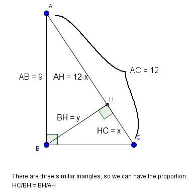 In triangle △abc, ∠abc=90°,  bh is an altitude. find the missing lengths.  ab=9, and ac=12  find hc.
