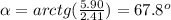 \alpha =arctg(\frac{5.90}{2.41})=67.8^o