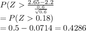 P(Z\frac{2.65-2.2}{\frac{0.6}{\sqrt{0.6} } } \\=P(Z0.18)\\=0.5-0.0714=0.4286