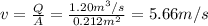 v=\frac{Q}{A}=\frac{1.20 m^3/s}{0.212 m^2}=5.66 m/s