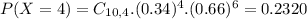 P(X = 4) = C_{10,4}.(0.34)^{4}.(0.66)^{6} = 0.2320