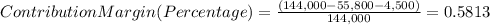 ContributionMargin(Percentage)=\frac{(144,000-55,800-4,500)}{144,000}=0.5813