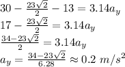 30-\frac{23\sqrt{2} }{2}-13=3.14  a_{y}\\ 17 - \frac{23\sqrt{2} }{2}=3.14  a_{y}\\\frac{34-23\sqrt{2}}{2}= 3.14  a_{y}\\a_{y}= \frac{34-23\sqrt{2}}{6.28} \approx 0.2 \ m/s^{2}