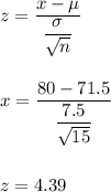z=\dfrac{x-\mu}{\dfrac{\sigma}{\sqrt{n}}}\\\\\\x=\dfrac{80-71.5}{\dfrac{7.5}{\sqrt{15}}}\\\\\\z=4.39