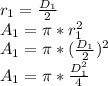 r_{1}=\frac{D_{1} }{2}  \\A_{1}=\pi  *r_{1} ^{2}\\A_{1}=\pi  *(\frac{D_{1} }{2})^{2}\\A_{1}=\pi *\frac{D_{1}^{2} }{4}