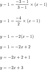 y-1=\dfrac{-3-1}{3-1}\times (x-1)\\\\\\y-1=\dfrac{-4}{2}\times (x-1)\\\\\\y-1=-2(x-1)\\\\y-1=-2x+2\\\\y=-2x+2+1\\\\y=-2x+3