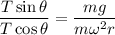 \dfrac{{T\sin \theta }}{{T\cos \theta }} = \dfrac{{mg}}{{m{\omega ^2}r}}
