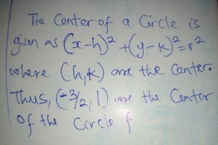 Find the center of the circle (x+3/2)^2 + (y-1)^2=25