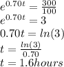 e ^ {0.70t} = \frac {300} {100}\\e ^ {0.70t} = 3\\0.70t = ln (3)\\t = \frac {ln (3)} {0.70}\\t = 1.6 hours