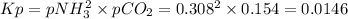 Kp=pNH_{3}^{2} \times pCO_{2} =0.308^{2} \times 0.154 = 0.0146