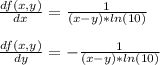 \frac{df(x,y)}{dx} = \frac{1}{(x - y)*ln(10)} \\\\\frac{df(x,y)}{dy} = -\frac{1}{(x - y)*ln(10)}