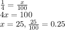 \frac{1}{4} = \frac{x}{100}  \\ 4x=100 \\ x=25,  \frac{25}{100}=0.25