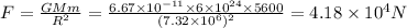 F=\frac{GMm}{R^2}=\frac{6.67\times 10^{-11}\times 6\times 10^{24}\times 5600}{(7.32\times 10^6)^2}=4.18\times 10^4N