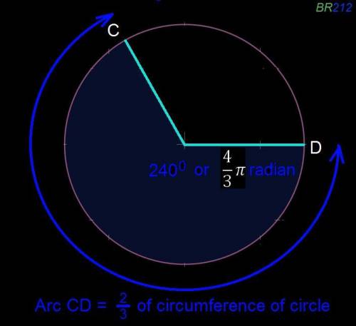 Arc cd is 2/3 of the circumference of a circle. what is the radian measure of the central angle?