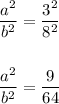 \dfrac{a^2}{b^2}=\dfrac{3^2}{8^2}\\\\\\\dfrac{a^2}{b^2}=\dfrac{9}{64}