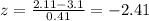 z= \frac{2.11-3.1}{0.41}=-2.41