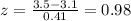 z= \frac{3.5-3.1}{0.41} =0.98
