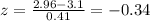 z= \frac{2.96-3.1}{0.41}=-0.34