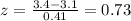 z= \frac{3.4-3.1}{0.41}=0.73