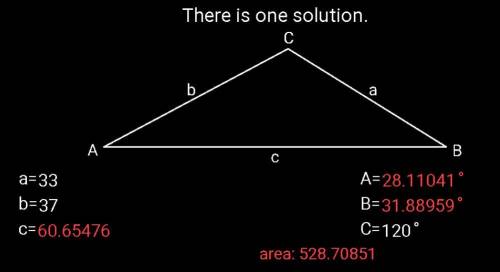Suppose a triangle has two sides of length 33 and 37 and that the angle between these two sides is 1