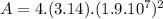 A = 4.(3.14). (1.9.10^{7})^{2}