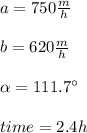 a=750\frac{m}{h}\\\\b=620\frac{m}{h}\\\\\alpha =111.7\°\\\\time=2.4h