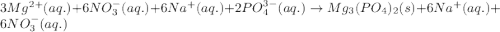 3Mg^{2+}(aq.)+6NO_{3}^{-}(aq.)+6Na^{+}(aq.)+2PO_{4}^{3-}(aq.)\rightarrow Mg_{3}(PO_{4})_{2}(s)+6Na^{+}(aq.)+6NO_{3}^{-}(aq.)