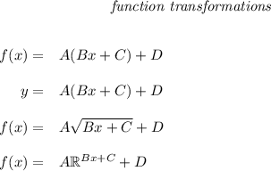 \bf \qquad \qquad \qquad \qquad \textit{function transformations}&#10;\\ \quad \\&#10;&#10;\begin{array}{rllll}&#10;% left side templates&#10;f(x)=&{{  A}}({{  B}}x+{{  C}})+{{  D}}&#10;\\ \quad \\&#10;y=&{{  A}}({{  B}}x+{{  C}})+{{  D}}&#10;\\ \quad \\&#10;f(x)=&{{  A}}\sqrt{{{  B}}x+{{  C}}}+{{  D}}&#10;\\ \quad \\&#10;f(x)=&{{  A}}\mathbb{R}^{{{  B}}x+{{  C}}}+{{  D}}&#10;\end{array}