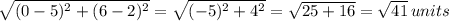 \sqrt{(0-5)^2+(6-2)^2}=\sqrt{(-5)^2+4^2}=\sqrt{25+16}=\sqrt{41}\,units