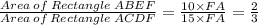\frac{Area\:of\:Rectangle\:ABEF }{Area\:of\:Rectangle\:ACDF}=\frac{10\times FA}{15\times FA}=\frac{2}{3}