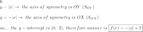 6.\\y=|x|\to\ the\ axis\ of\ symmetry\ is\ OY\ (S_{OY})\\\\y=-|x|\to\ the\ axis\ of\ symmetry\ is\ OX\ (S_{OX})\\\\so....\ the\ y-intercept\ is\ (0;\ 2),\ therefore\ answer\ is\ \boxed{f(x)=-|x|+2}