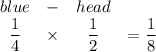 \begin{array}{cccccc}blue&-&head\\\dfrac{1}{4}&\times&\dfrac{1}{2}&=\dfrac{1}{8}\end{array}