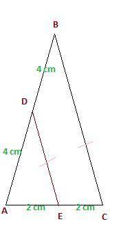 In triangle abc shown below, side ab is 8 and side ac is 4:  triangle abc with segment joining point