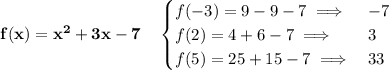 \bf f(x)=x^2+3x-7\quad &#10;\begin{cases}&#10;f(-3)=9-9-7\implies &-7\\&#10;f(2)=4+6-7\implies &3\\&#10;f(5)=25+15-7\implies &33&#10;\end{cases}