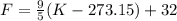 F = \frac{9}{5} (K - 273.15) + 32