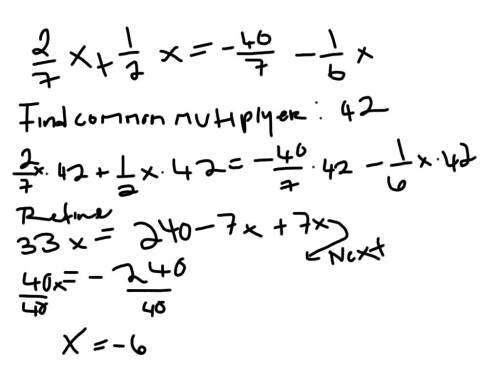 2/7x+1/2x=−40/7−1/6x  explain step by step