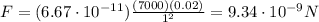 F=(6.67\cdot 10^{-11}) \frac{(7000)(0.02)}{1^2}=9.34\cdot 10^{-9} N