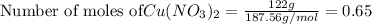 \text{Number of moles of} Cu(NO_3)_2=\frac{122g}{187.56 g/mol}=0.65