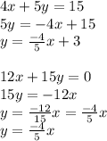 4x+5y=15\\5y=-4x+15\\y=\frac{-4}{5}x+3\\\\ 12x+15y=0 \\15y=-12x\\ y= \frac{-12}{15}x=\frac{-4}{5}x\\&#10;y=\frac{-4}{5}x