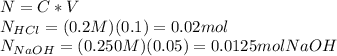 N= C*V\\N_{HCl} = (0.2M)(0.1)= 0.02 mol \\N_{NaOH}= (0.250M)(0.05)= 0.0125 mol NaOH