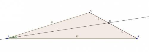 The perimeter of this triangle is 25 units. an angle bisector divides one side of the triangle into