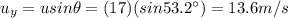 u_y = u sin \theta = (17)(sin 53.2^{\circ})=13.6 m/s