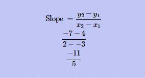 What is the slope of the line between points a(-3,4) and b(2,-7)?
