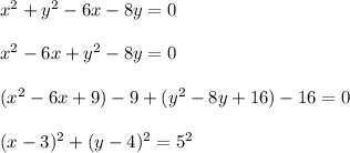 x^2+y^2-6x-8y=0\\\\x^2-6x+y^2-8y=0\\\\(x^2-6x+9)-9+(y^2-8y+16)-16=0\\\\(x-3)^2+(y-4)^2=5^2