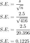 S.E.=\dfrac{s}{\sqrt{n}}\\\\S.E.=\dfrac{2.5}{\sqrt{416}}\\\\S.E.=\dfrac{2.5}{20.396}\\\\S.E.=0.1225