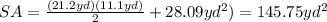 SA=\frac{(21.2yd)(11.1yd)}{2}+28.09yd^2)=145.75yd^2